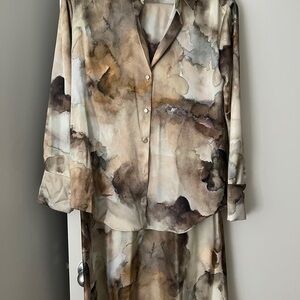 Zara Watercolor Satin Blouse + Skirt Set